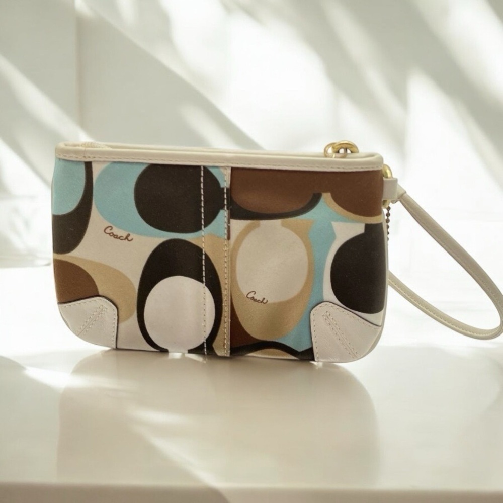 Coach multi color brown teal & cream C monogram wristlet